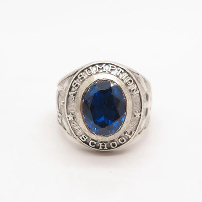 925 Sterling Silver Vintage Blue Glass "1967 Assumption" School Ring Size 5.5