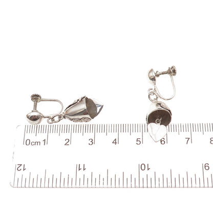 925 Sterling Silver Antique Art Deco Siam Hindu Goddess Bell Screw Back Earrings