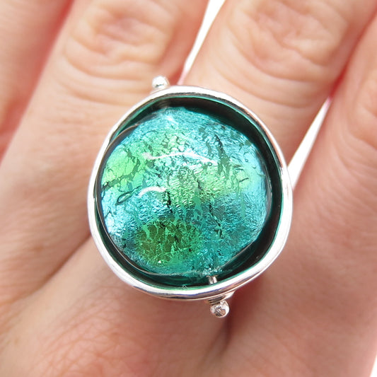 HAGIT GORALI 925 Sterling Vintage Israel Dichroic Glass Modernist Ring Size 9.75