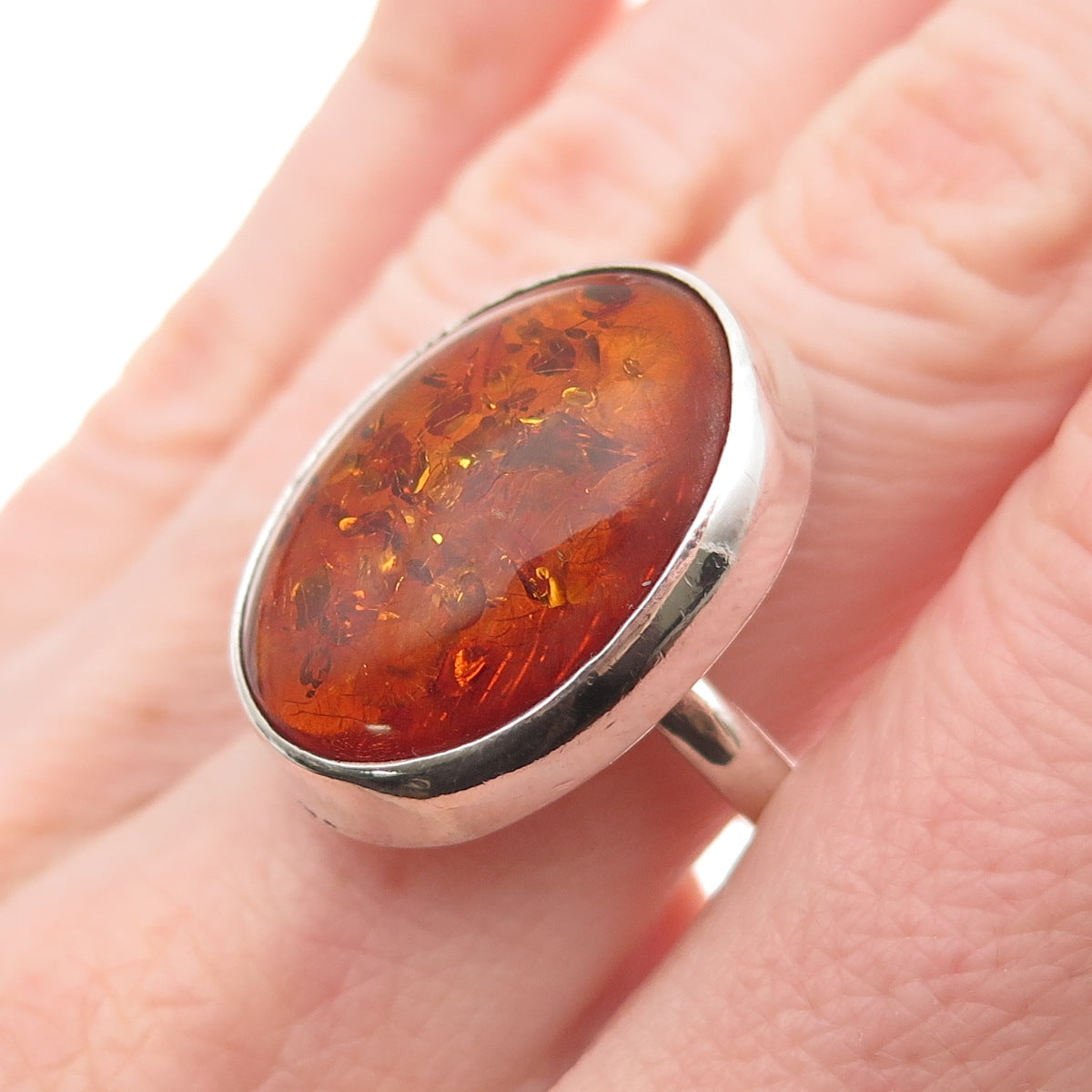 925 Sterling Silver Vintage Real Cabochon Amber Modernist Ring Size 8.5