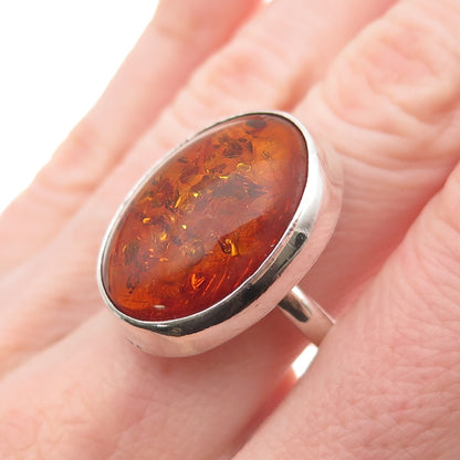 925 Sterling Silver Vintage Real Cabochon Amber Modernist Ring Size 8.5