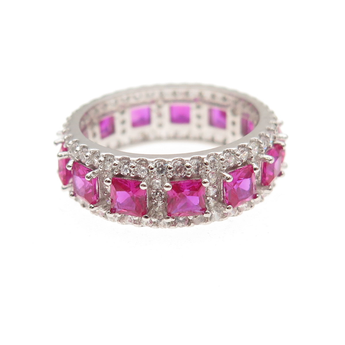 925 Sterling Silver Lab-Created Ruby & C Z Band Ring Size 5.25
