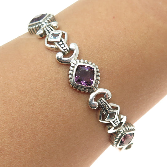 925 Sterling Silver Real Cushion-Cut Amethyst & Aquamarine Bracelet 7.25"