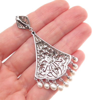 925 Sterling Silver Real Diamond & Pearl Fleur de Lis Pendant