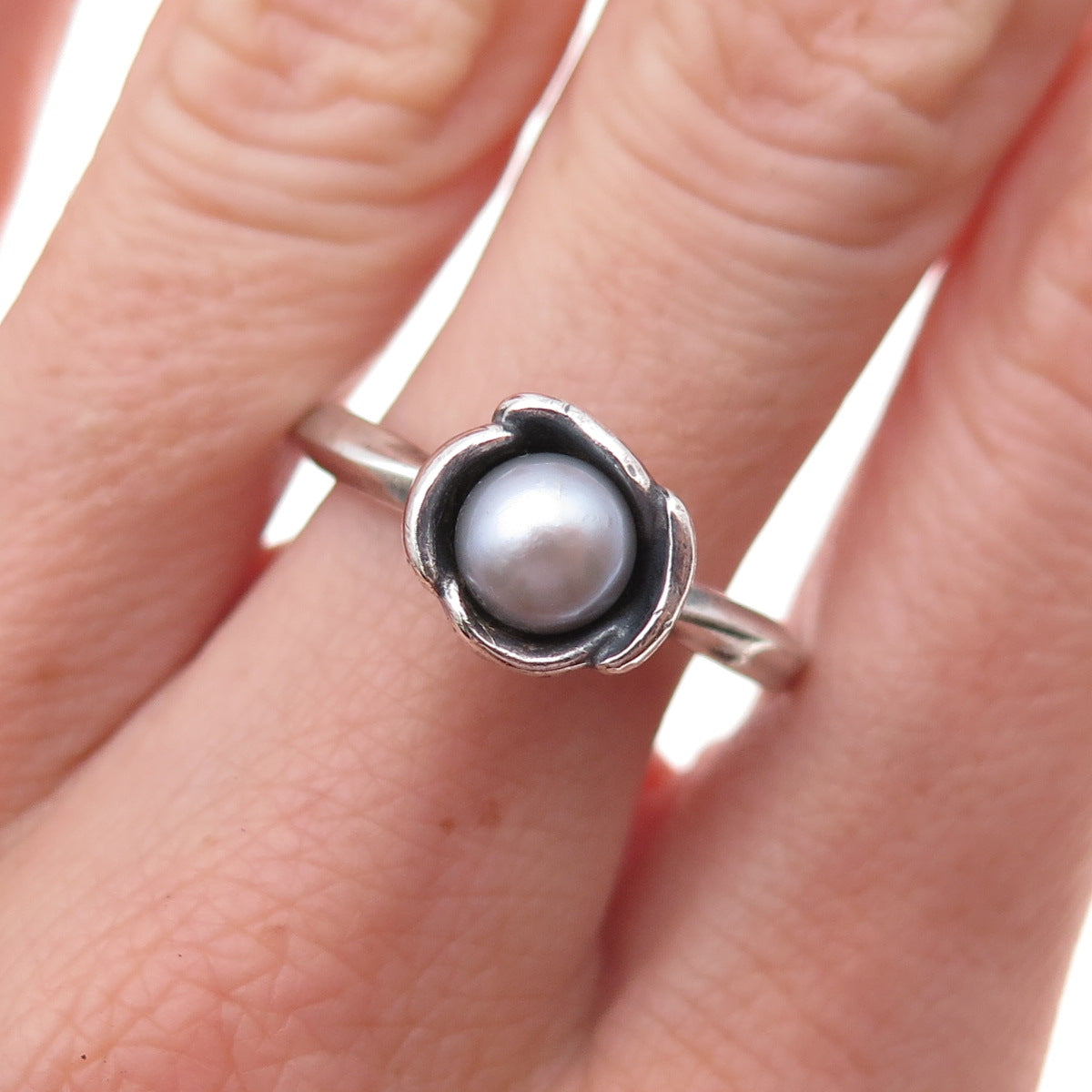 Pandora 925 Sterling Silver Real Grey Pearl My Wish Flower Ring Size 8.5