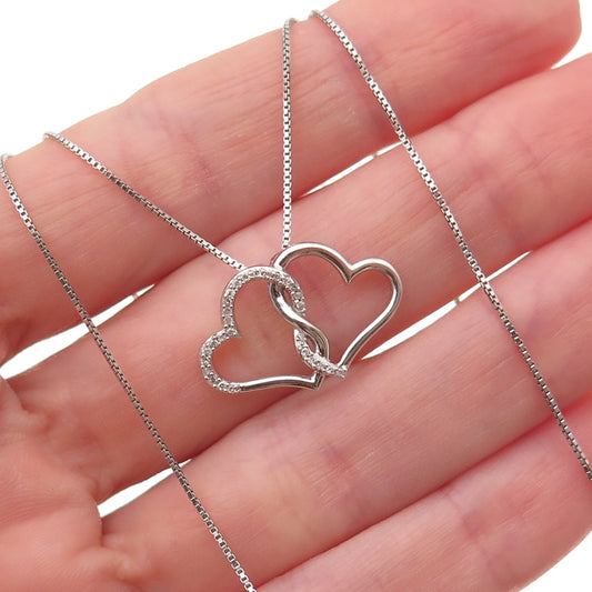 Hallmark 925 Sterling Silver Real Diamond Couple Heart Box Chain Necklace 18"