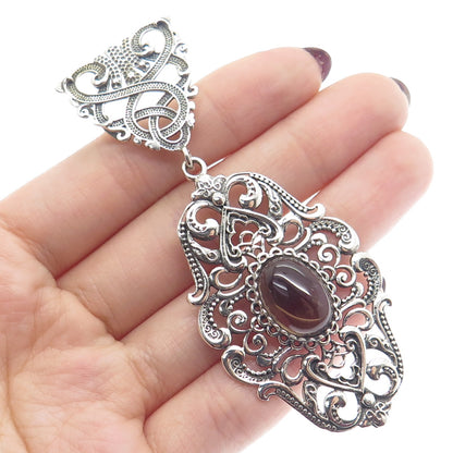 925 Sterling Silver Vintage Real Smoky Quartz Boho Ornate Pendant