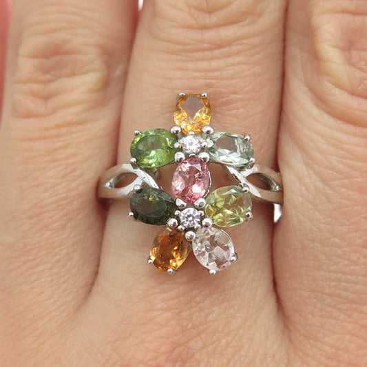 925 Sterling Silver Real Multi-Color Tourmaline & White Topaz Ring Size 9