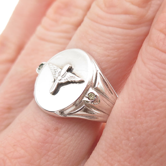 925 Sterling Silver Antique WWII Rhinestone US Air Force Signet Ring Size 8.5