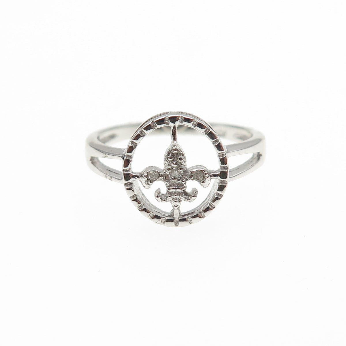 925 Sterling Silver Real Round-Cut Diamond Fleur de Lis Ring Size 6