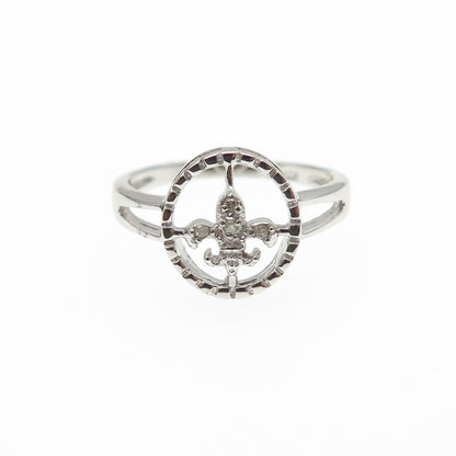 925 Sterling Silver Real Round-Cut Diamond Fleur de Lis Ring Size 6
