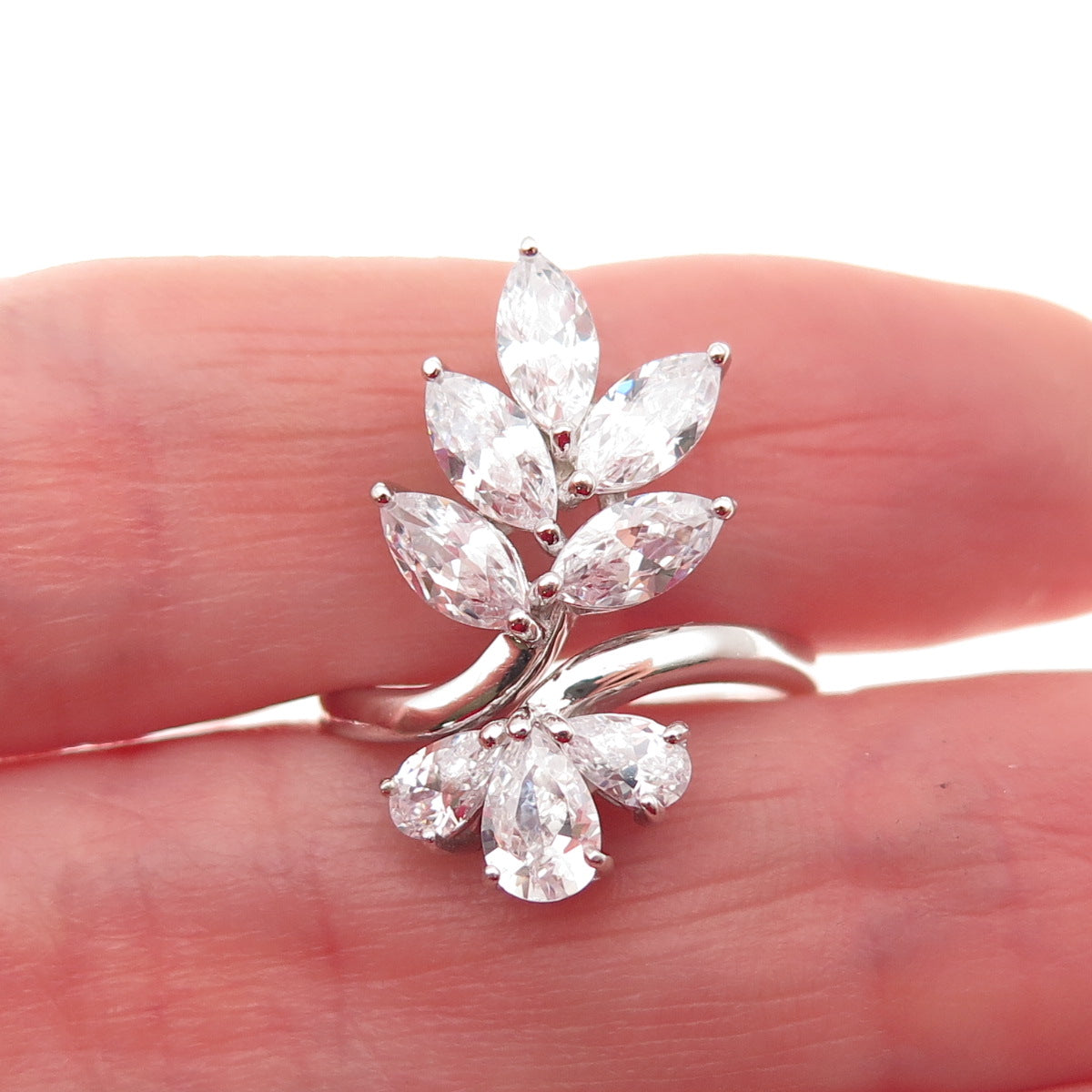 925 Sterling Silver Marquise & Pear-Cut C Z Floral Bypass Ring Size 7