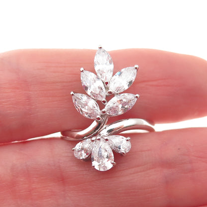 925 Sterling Silver Marquise & Pear-Cut C Z Floral Bypass Ring Size 7