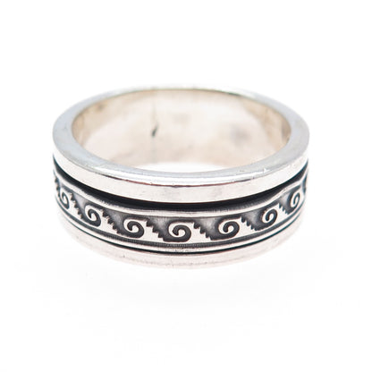 925 Sterling Silver Vintage Tribal Wave Oxidized Rotating Band Ring Size 12.75