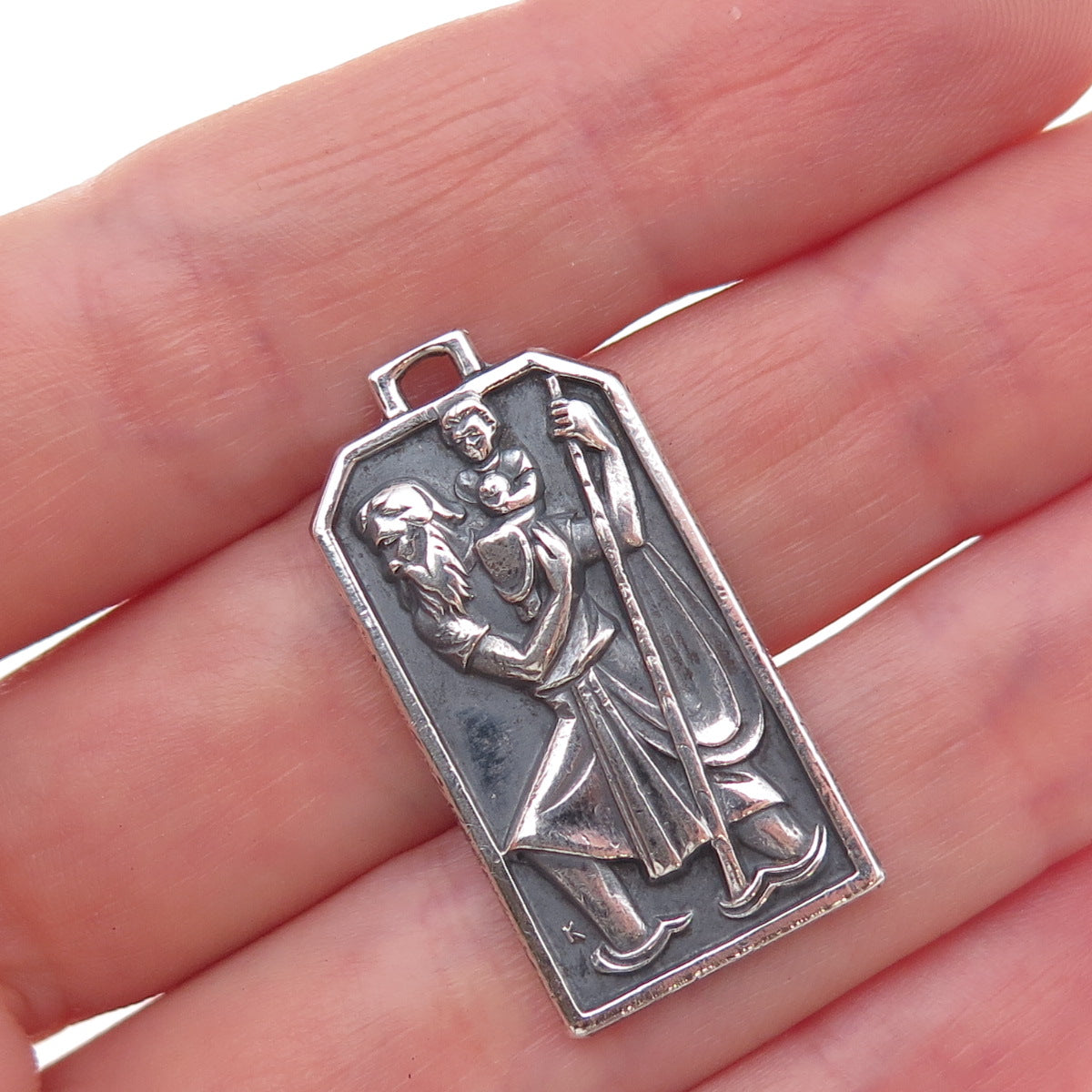 Wells 925 Sterling Silver Vintage Saint Christopher Oxidized Charm Pendant