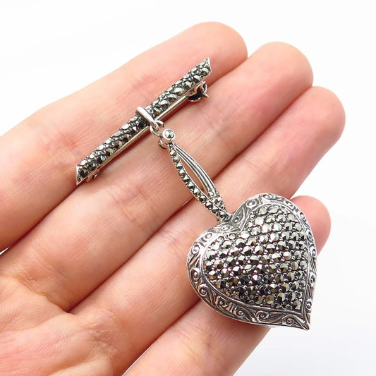 925 Sterling Silver Vintage Real Marcasite Gem Dangling Heart Pin Brooch / Watch