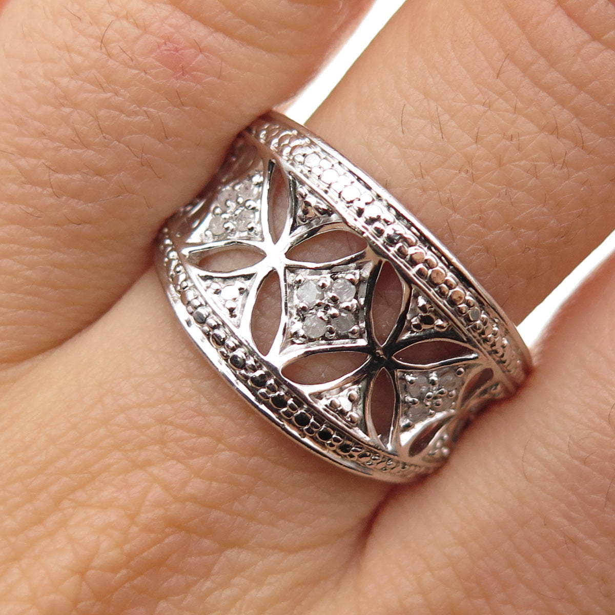 925 Sterling Silver Real Round-Cut Diamond Ring Size 10.25