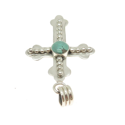 925 Sterling Silver Vintage Real Lone Mountain Turquoise Cross Pendant