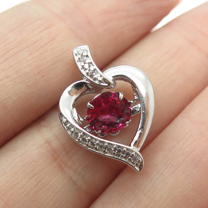 925 Sterling Silver Real White Topaz Gemstone & Lab-Created Ruby Heart Pendant