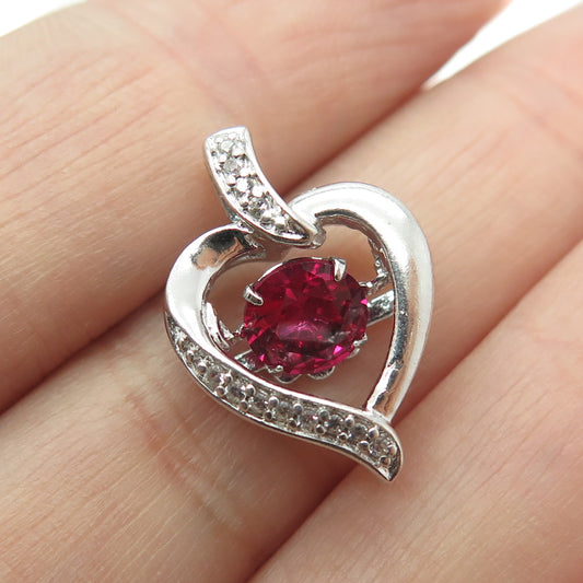 925 Sterling Silver Real White Topaz Gemstone & Lab-Created Ruby Heart Pendant