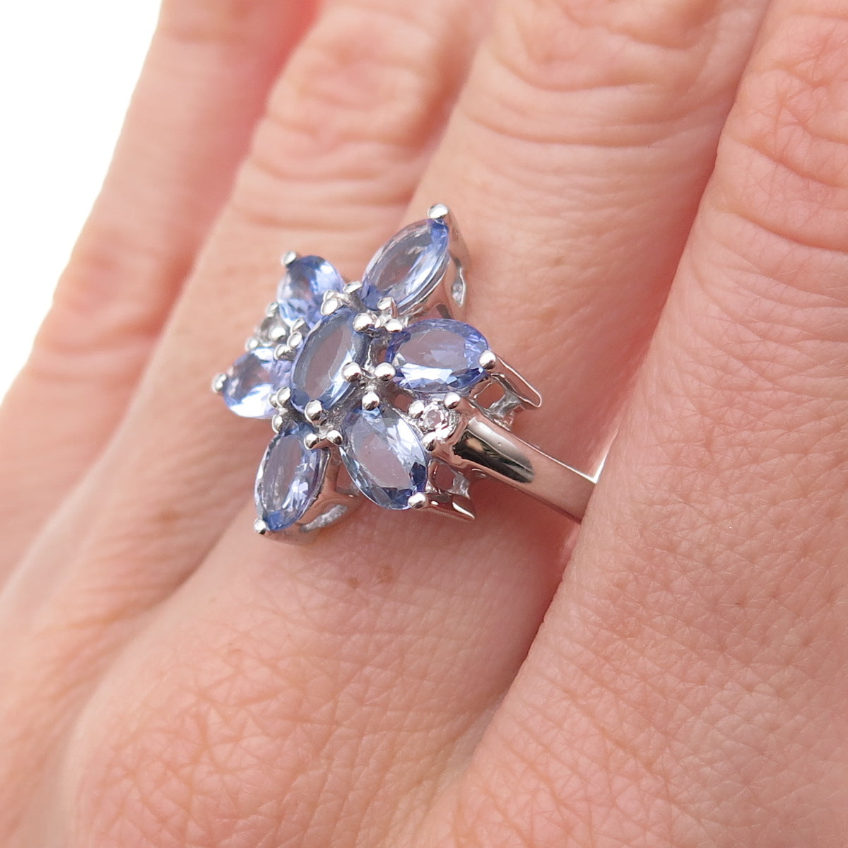 925 Sterling Silver Real Tanzanite & White Topaz Floral Ring Size 8