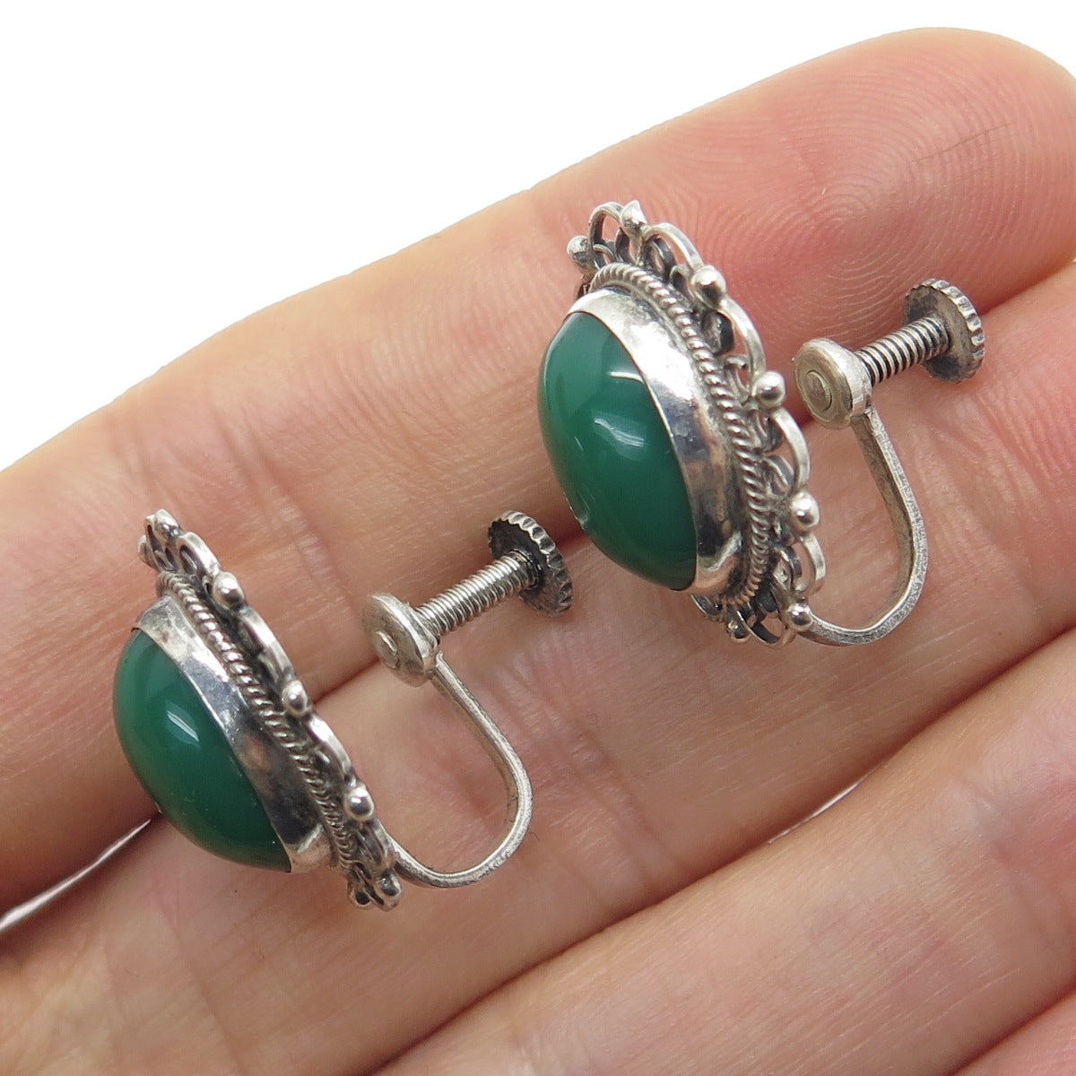 925 Sterling Silver Vintage Mexico Real Green Onyx Floral Screw Back Earrings