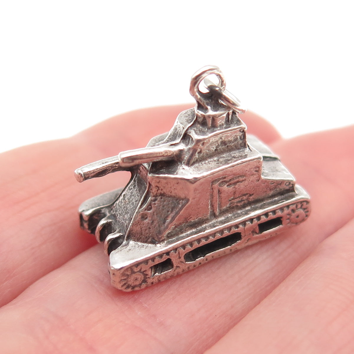 925 Sterling Silver Vintage Army Tank Oxidized 3D Mini Charm Pendant