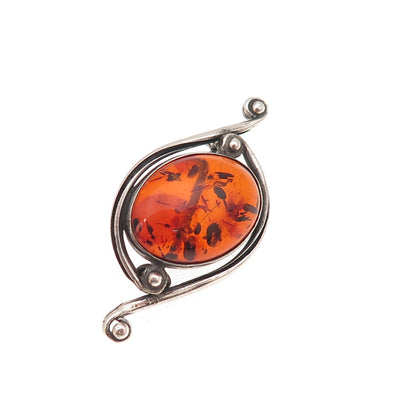 925 Sterling Silver Vintage Real Amber Modernist Oxidized Pin Brooch