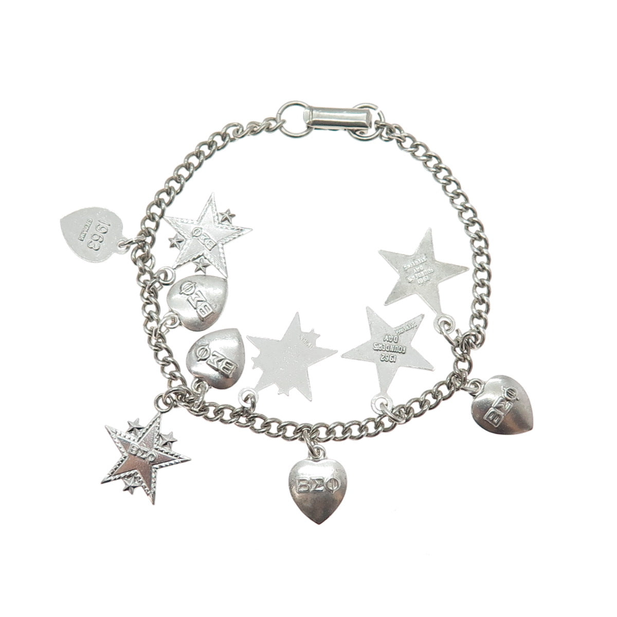 925 Sterling Silver Vintage 1951-63 Beta Sigma Phi Sorority Charms Bracelet 6.5"