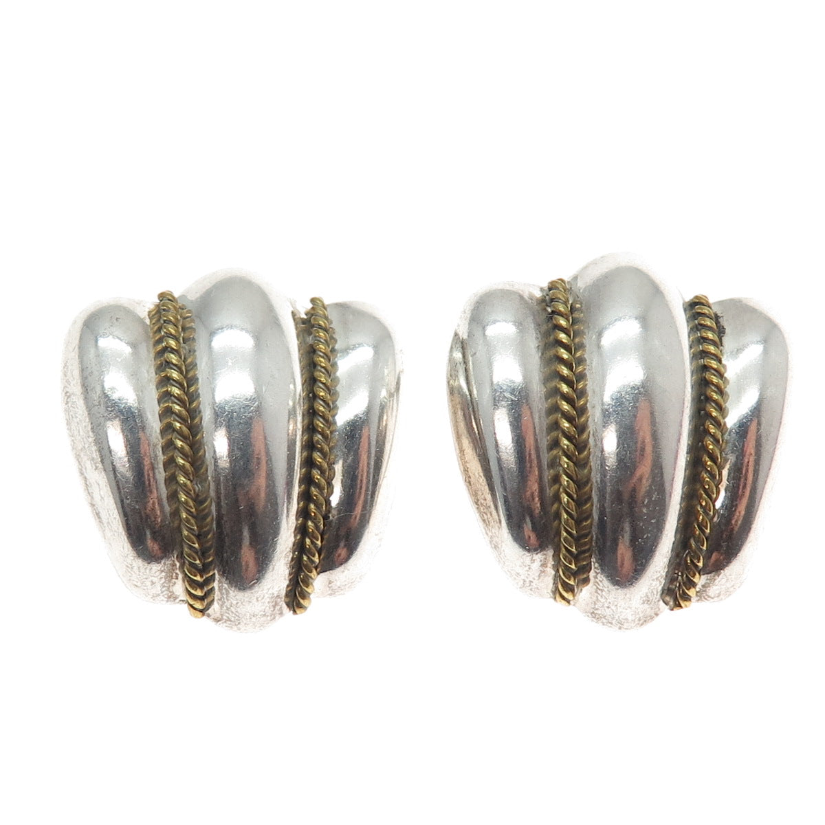 925 Sterling Silver 2-Tone Vintage Mexico Modernist Clip On Earrings