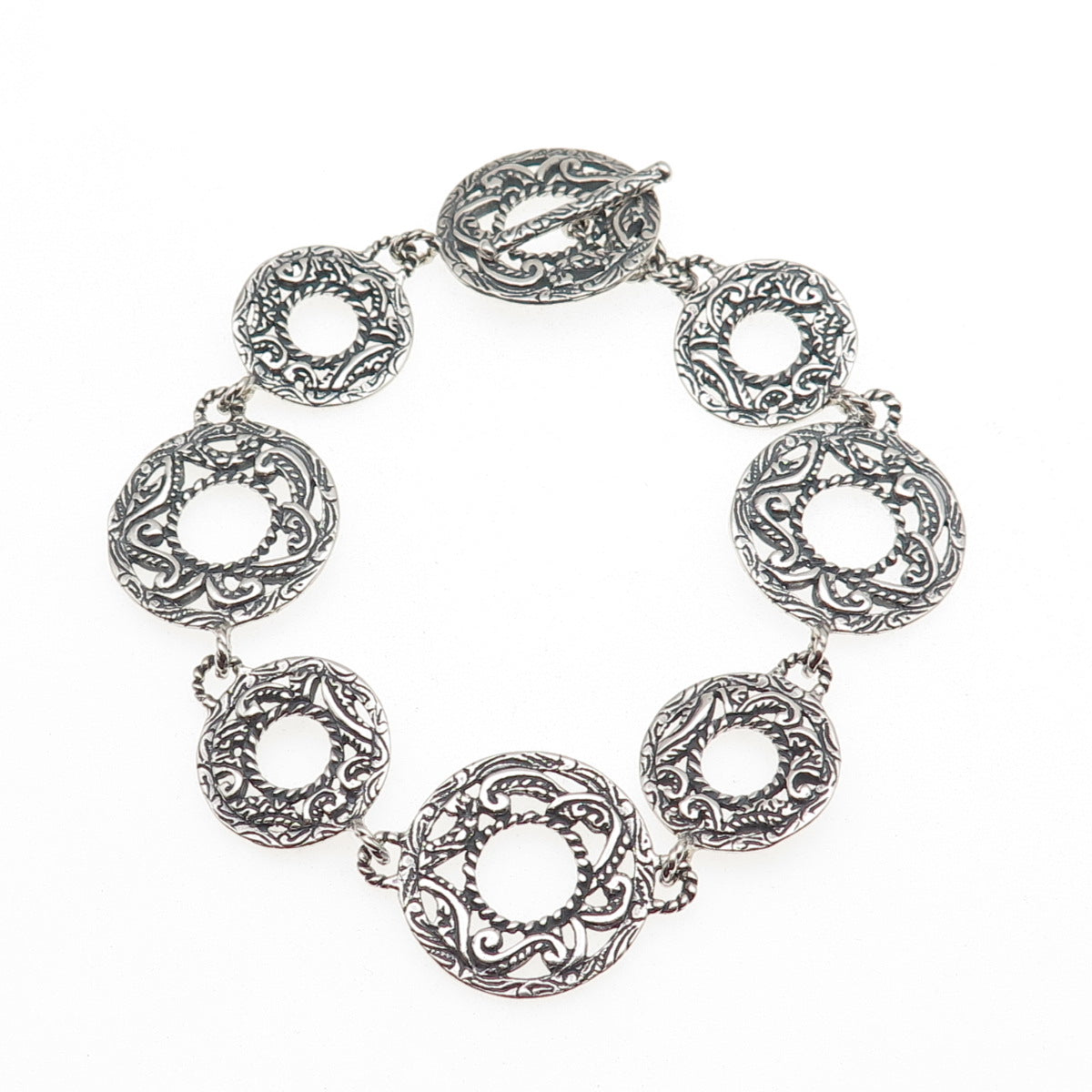 Carolyn Pollack 925 Sterling Silver Vintage Ornate Disc Link Bracelet 8"