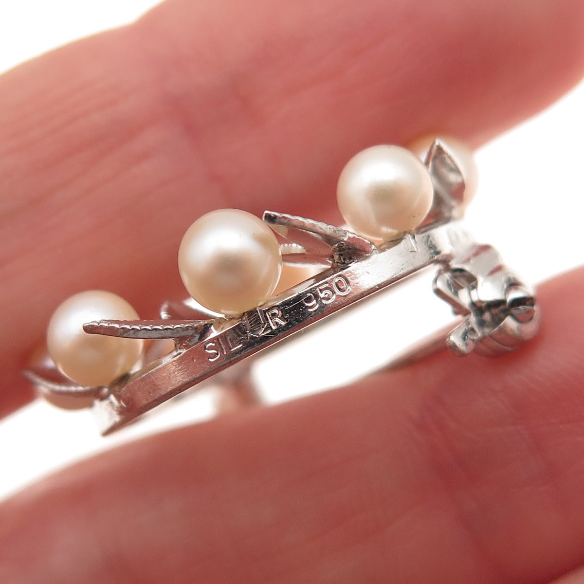 950 Silver Antique Japan Real Akoya Pearl Floral Circle of Life Pin Brooch