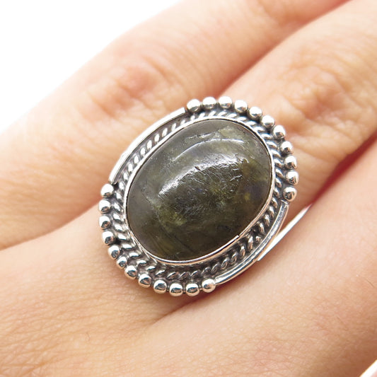 925 Sterling Silver Vintage Real Labradorite Beaded Oxidized Ring Size 6