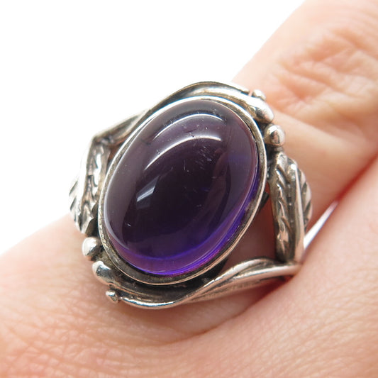 925 Sterling SIlver Vintage Real Amethyst Floral Leaf Oxidized Ring Size 6.25
