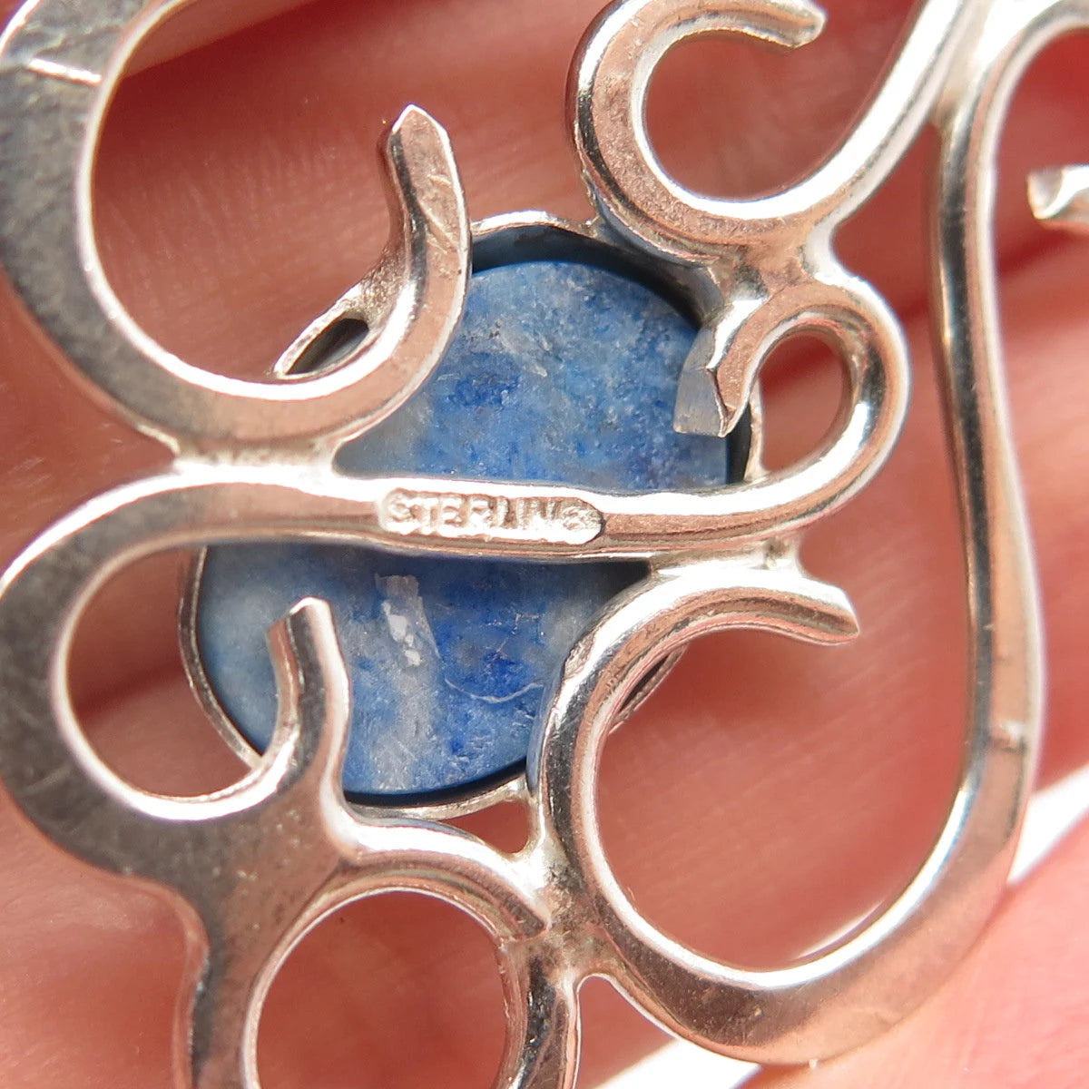 925 Sterling Silver Vintage Real Blue Agate Gemstone Ornate Pendant