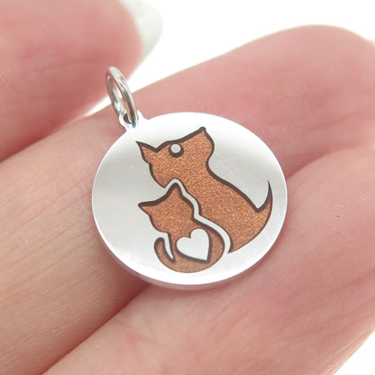 925 Sterling Silver Brown Enamel Cat & Dog Friendship Round Minimalist Pendant