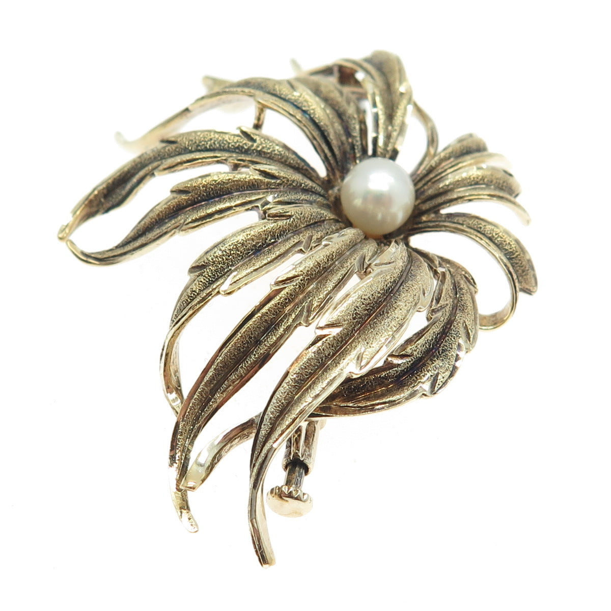 800 Silver Gold Plated Antique Art Deco Real Pearl Floral Pin Brooch