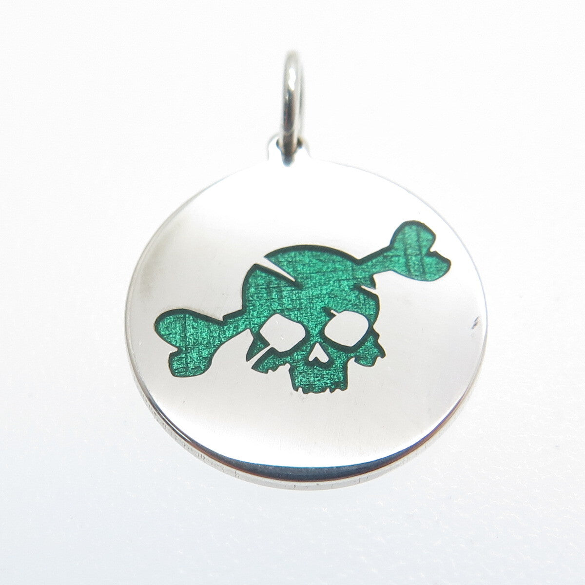 925 Sterling Silver Green Enamel Skull & Bone Round Tag Minimalist Charm Pendant