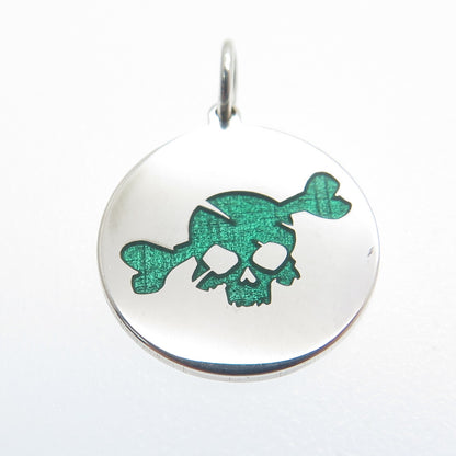 925 Sterling Silver Green Enamel Skull & Bone Round Tag Minimalist Charm Pendant
