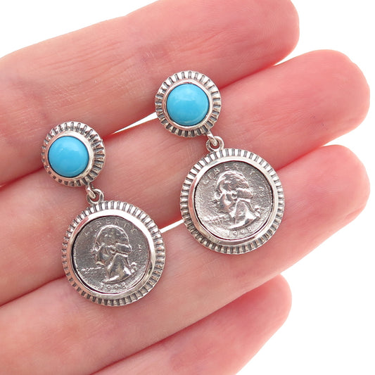 D'Joy 925 Sterling Silver Real Turquoise Washington Quarter Coin Dangle Earrings