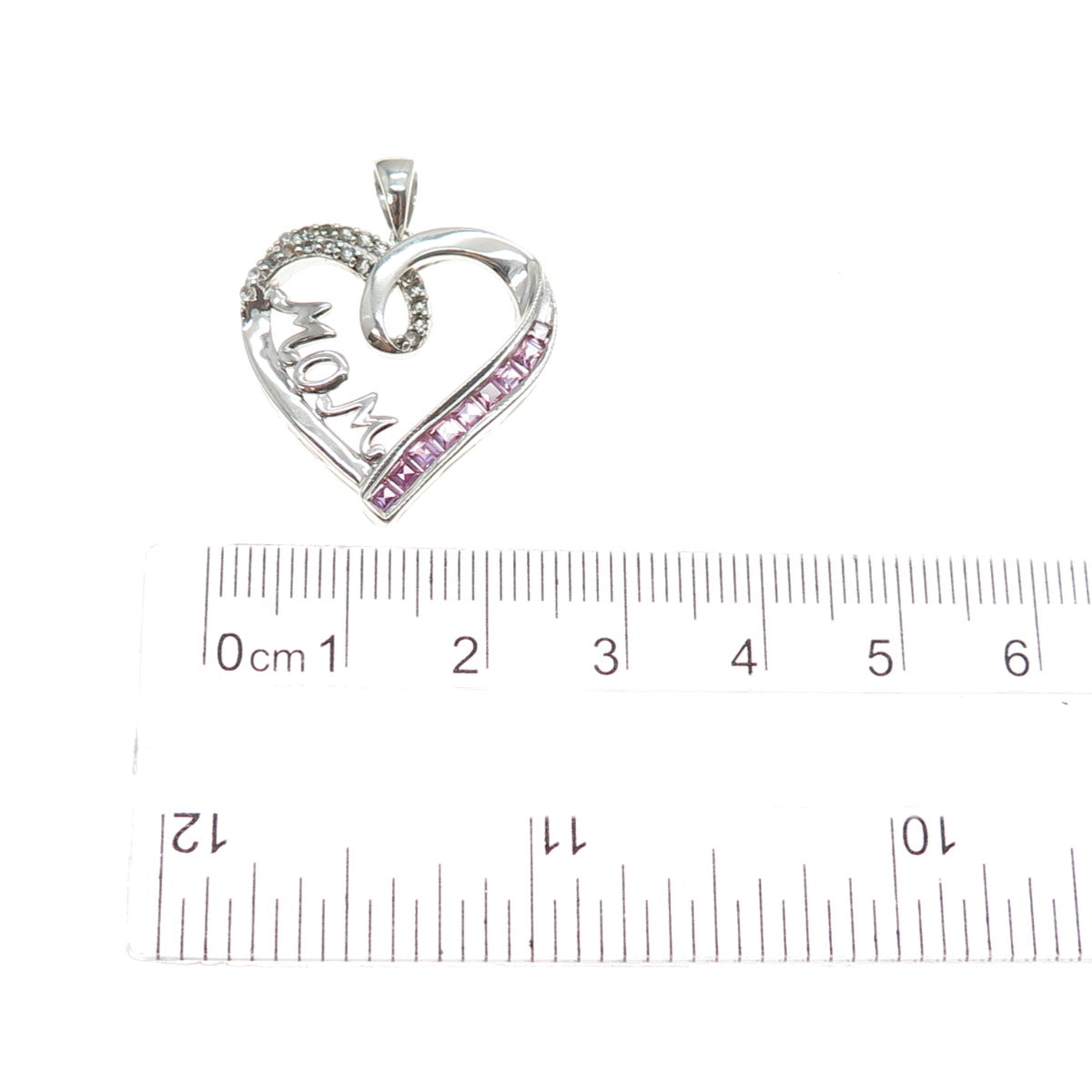 SUN 925 Sterling Silver Real Pink Sapphire & White Topaz Mom Heart Pendant