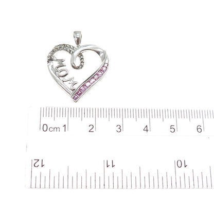 SUN 925 Sterling Silver Real Pink Sapphire & White Topaz Mom Heart Pendant