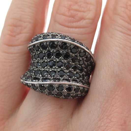 925 Sterling Silver Real Round-Cut Black Spinel Modernist Wavy Ring Size 5.25
