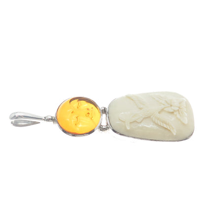SAJEN 925 Sterling Silver Vintage Real Amber Carved Sun Face Hummingbird Pendant