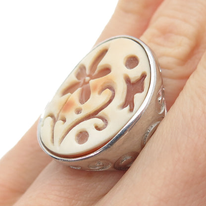 AMEDEO 925 Sterling Silver Real Carved MOP Flower Spiral Ring Size 6.25
