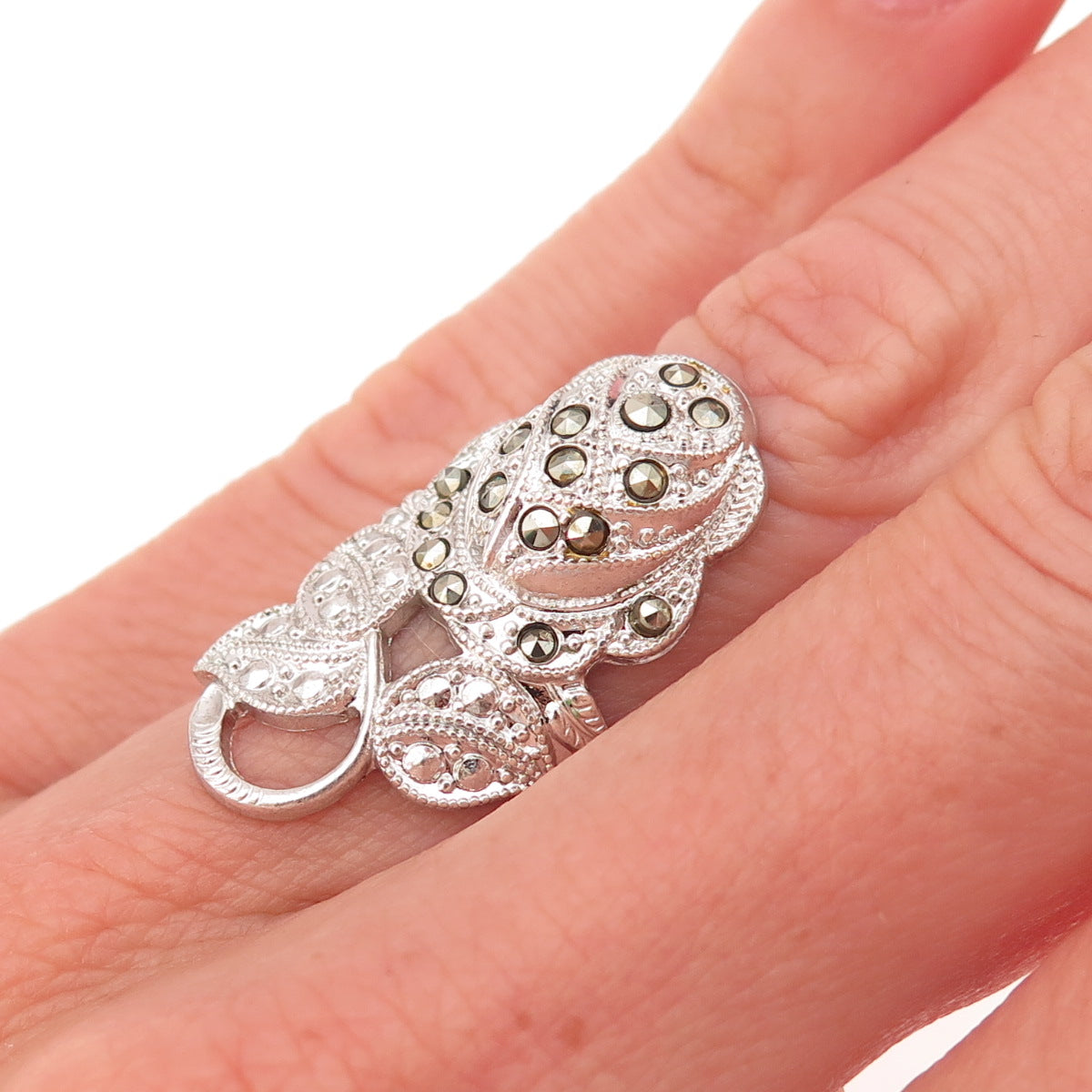 Clark & Coombs Sterling Silver Antique Art Deco Real Marcasite Rose Ring Size 5