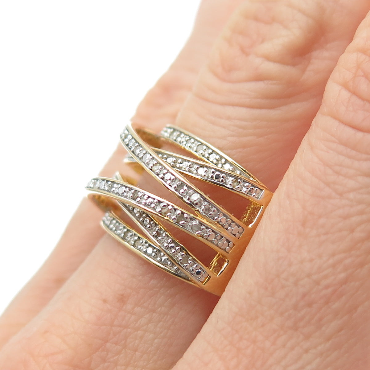 DBJ DEE BERKLE 925 Sterling Gold Plated Real Diamond Crisscross Ring Size 9.25