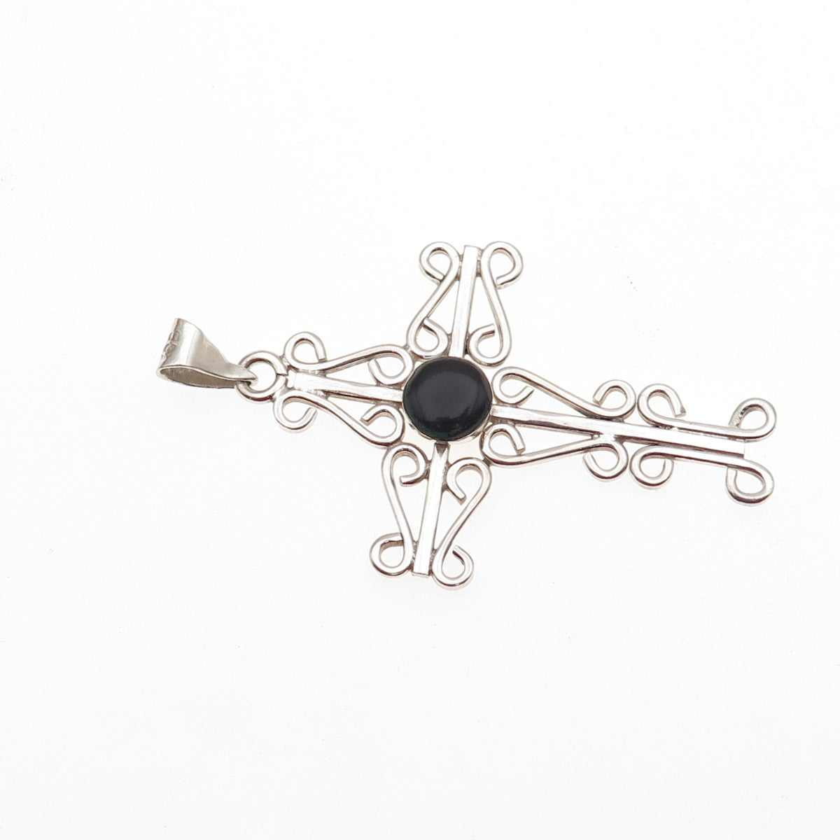 925 Sterling Silver Vintage Mexico Real Black Onyx Ornate Cross Pendant