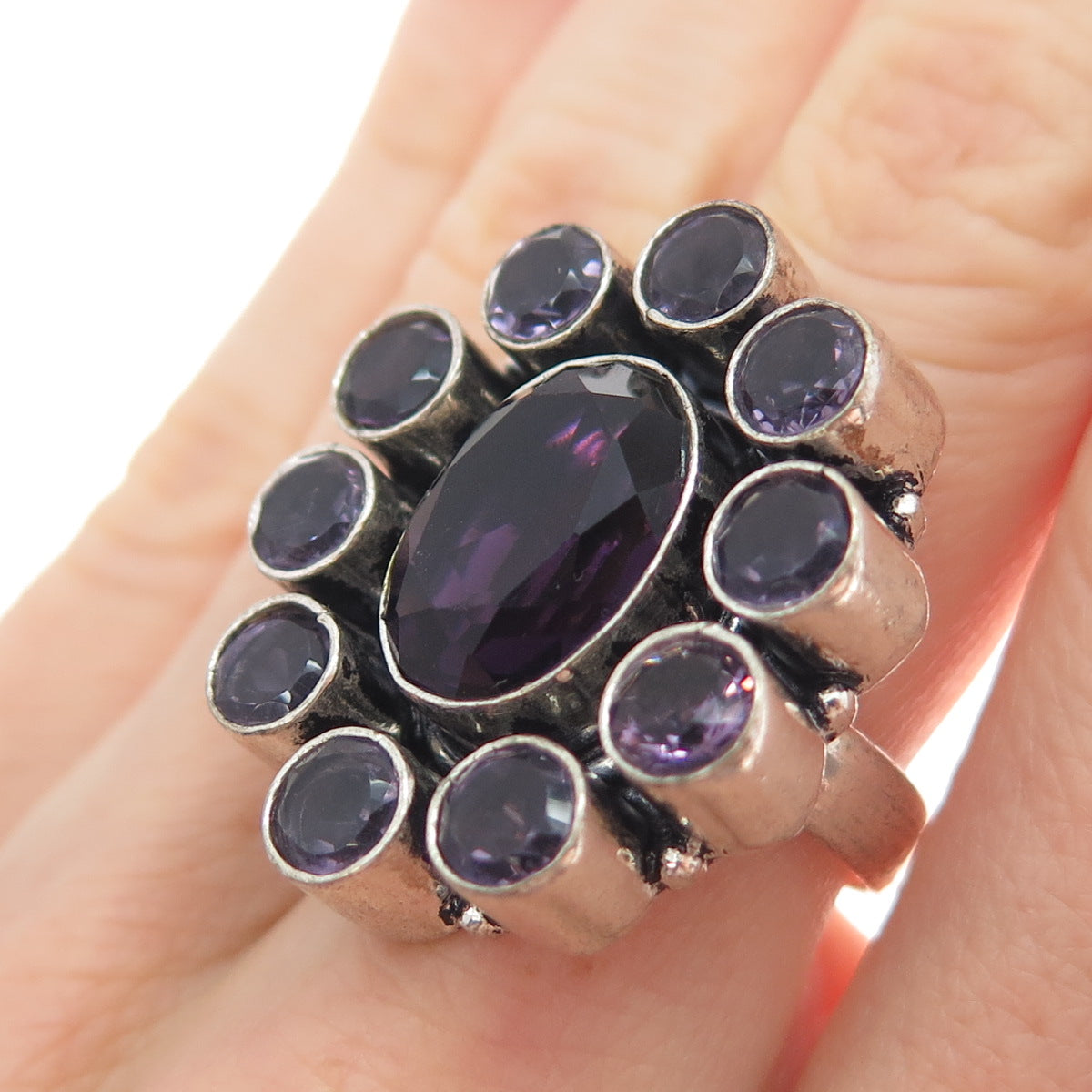 925 Sterling Silver Vintage Real Amethyst Modernist Cluster Ring Size 7.75