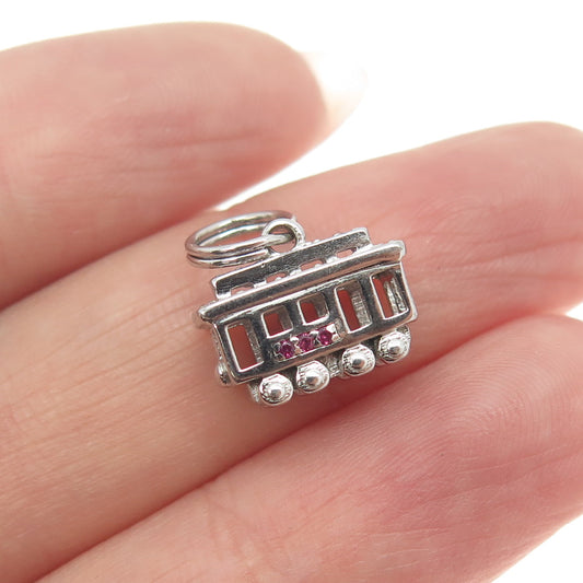 925 Sterling Silver Lab-Created Pink Sapphire Tram / Cable Car 3D Charm Pendant